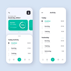 Dos pantallas de teléfono móvil que muestran una interfaz de usuario de aplicación financiera o de actividad